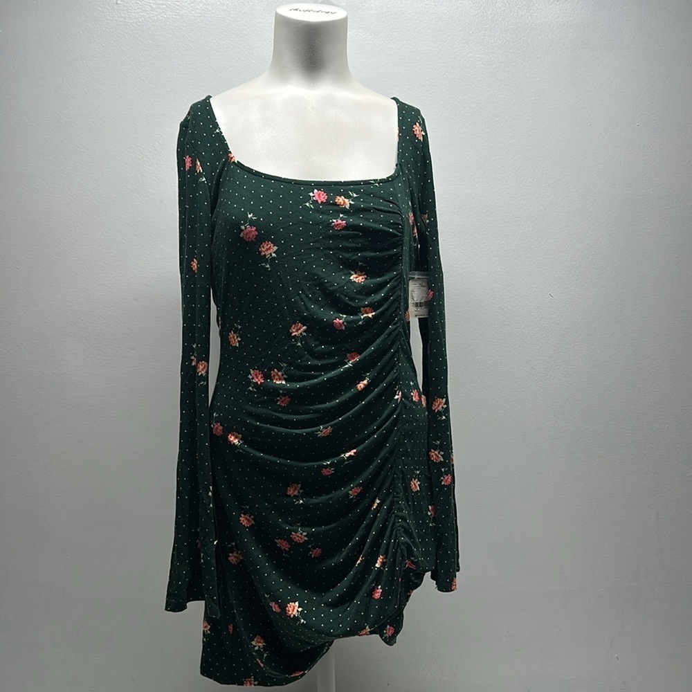 Free People Celia Mini Dress Long Sleeve Stretch Floral Green New Size Small - Picture 3 of 9